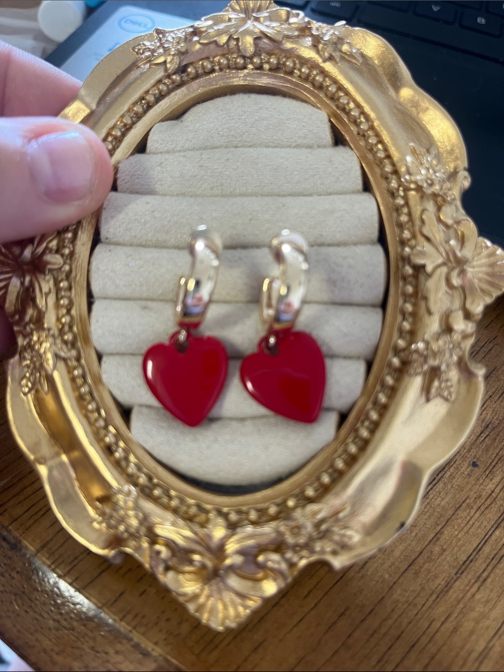 Gold Hoop Earrings with Red Heart Charm